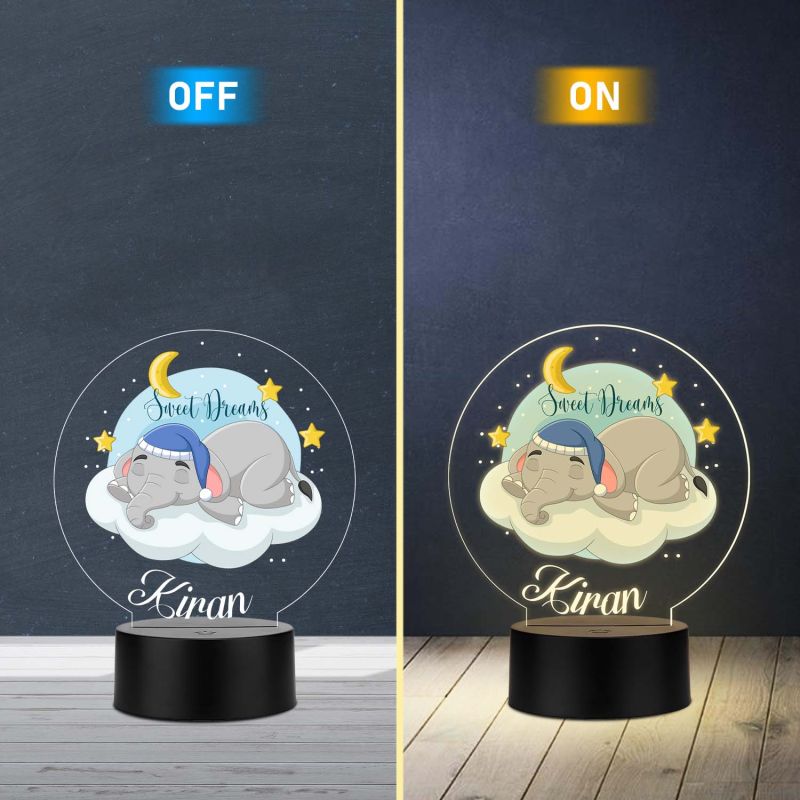Personalized Sweet Dreams Elephant LED Night Light with Warm White Nursery Decor with Moon and Stars Theme Bedside Kids Room Desk Table Lamp